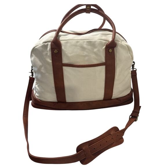 Canvas Weekender Duffle Bag Cream Brown Shoe Compartment Travel - Picture 11 of 13